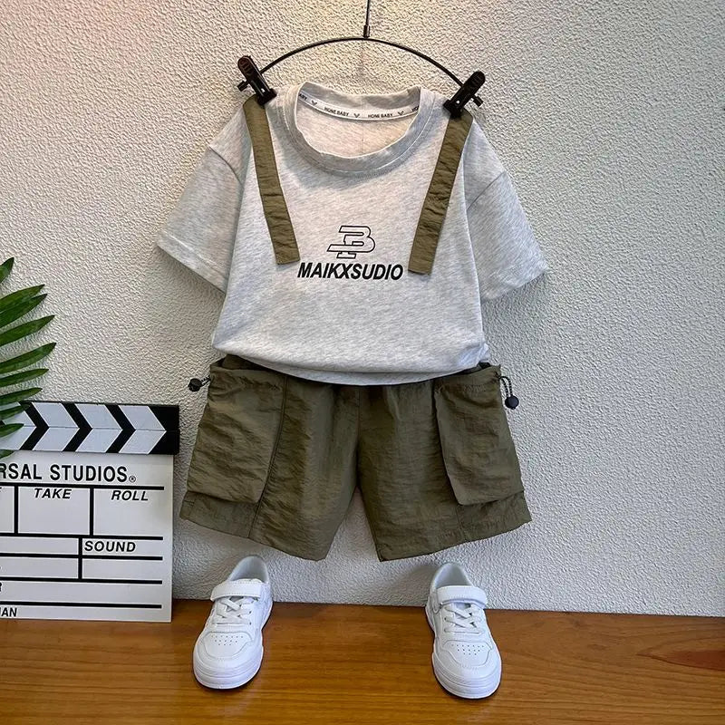 New Boys Sleeveless Vest Denim Shorts 2PC Sets Outdoor Festival Clothing Vintage Print Kids Miracle Design 2-10 Years White