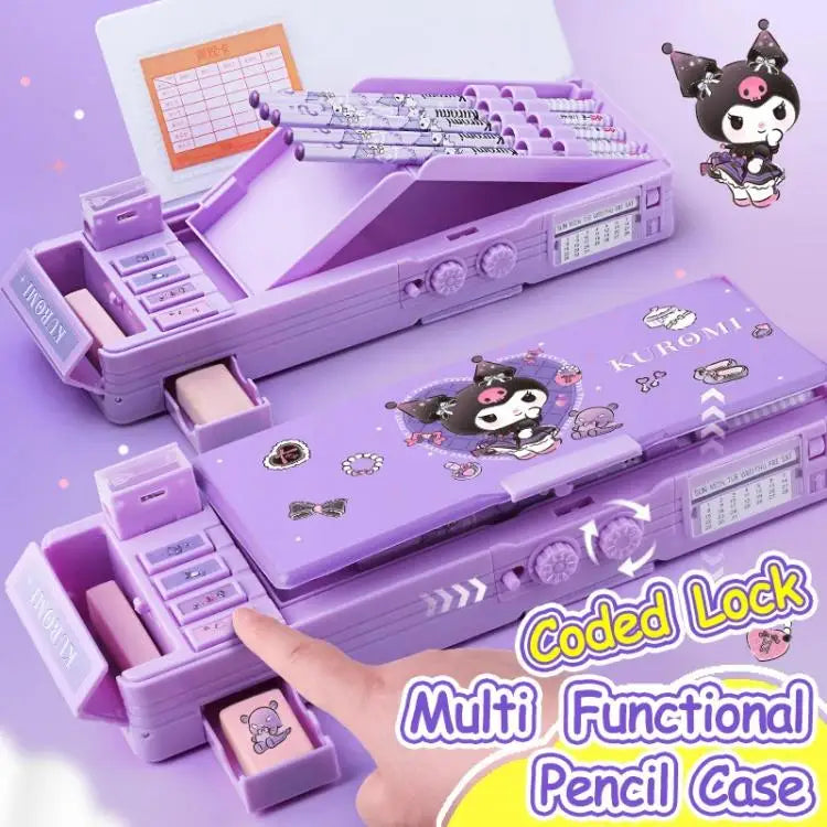 Sanrio Multifunction Stationery Box Kuromi Melody Cinnamoroll Bilayer Coded Lock Pencil Box Large Capacity Students Supply Gift