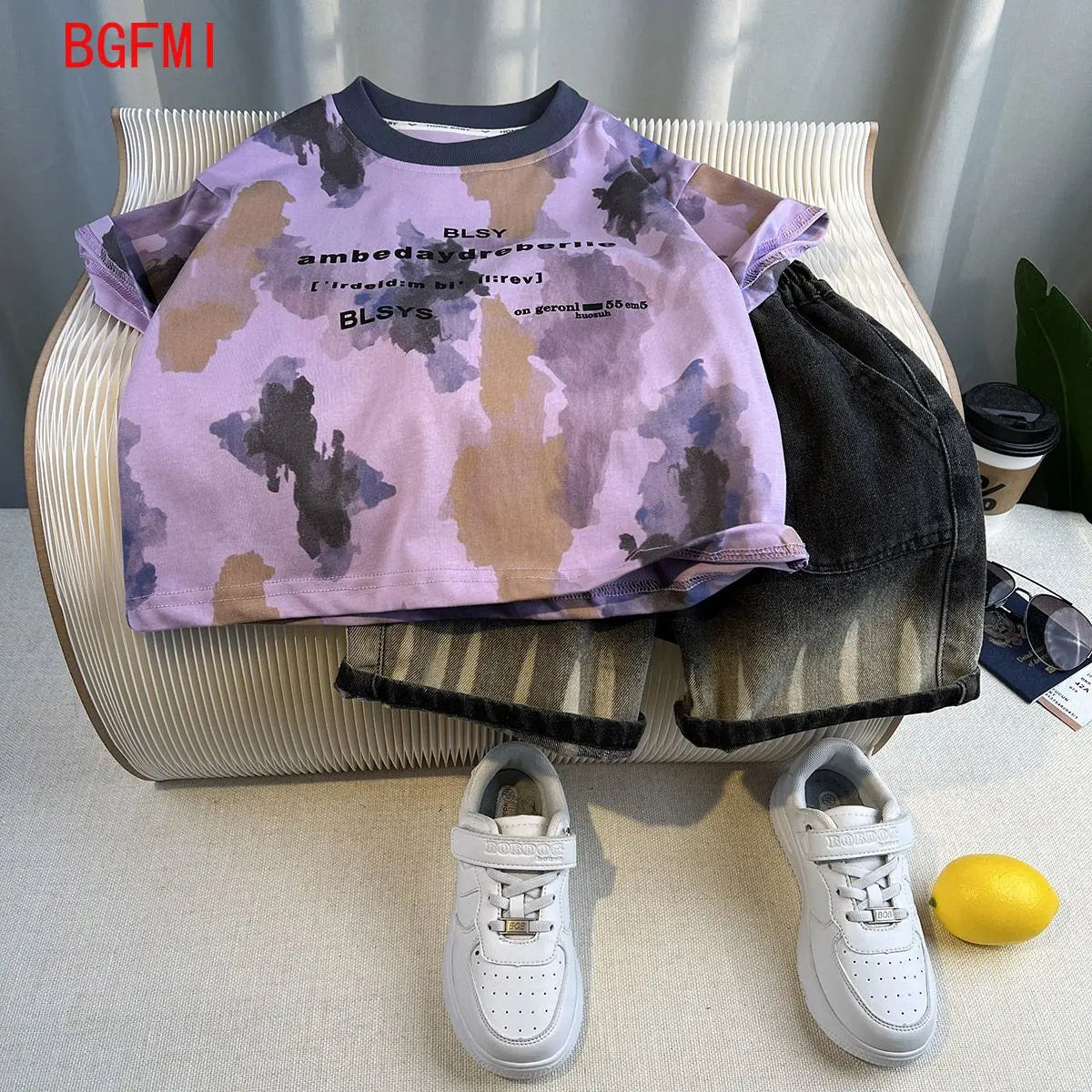 New Boys Fashion Summer Cotton Letter Printing T-shirts+Graffiti Denim Shorts 2pcs Set Kids Korean Outfits Sets Children