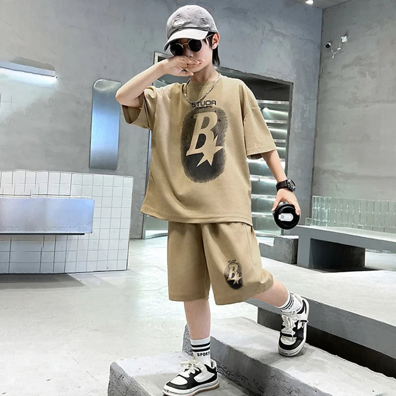 New Summer Teenager Boys Clothing Set Cotton Letter Short Sleeve T-shirt Shorts Years Kids Tracksuits Child Cloth - Boys