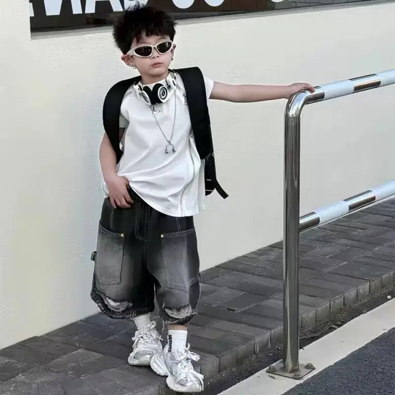 Boy Handsome Korean Version Sleeveless Vest + Retro Ripped Denim Shorts Two-piece Set Children's Casual Loose Set - Boys
