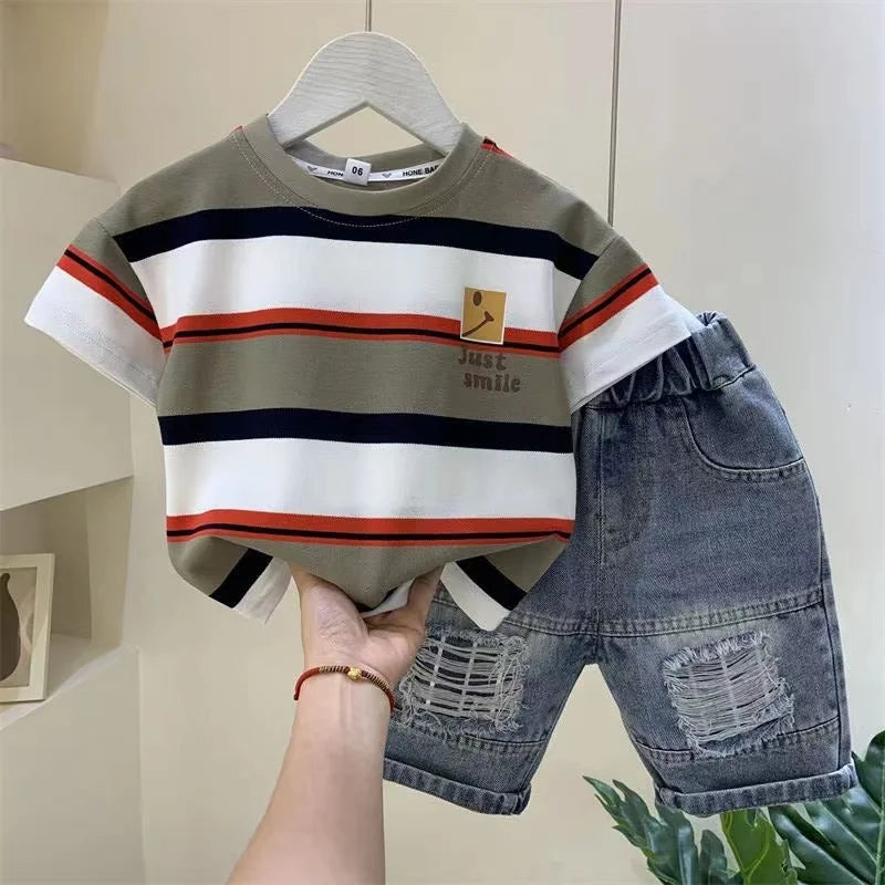 Boys Summer New - Boys Summer New Boutique Design Outfits Cotton Set Baby Boys Short Sleeve Shirt Jeans Shorts 2pcs Clothing