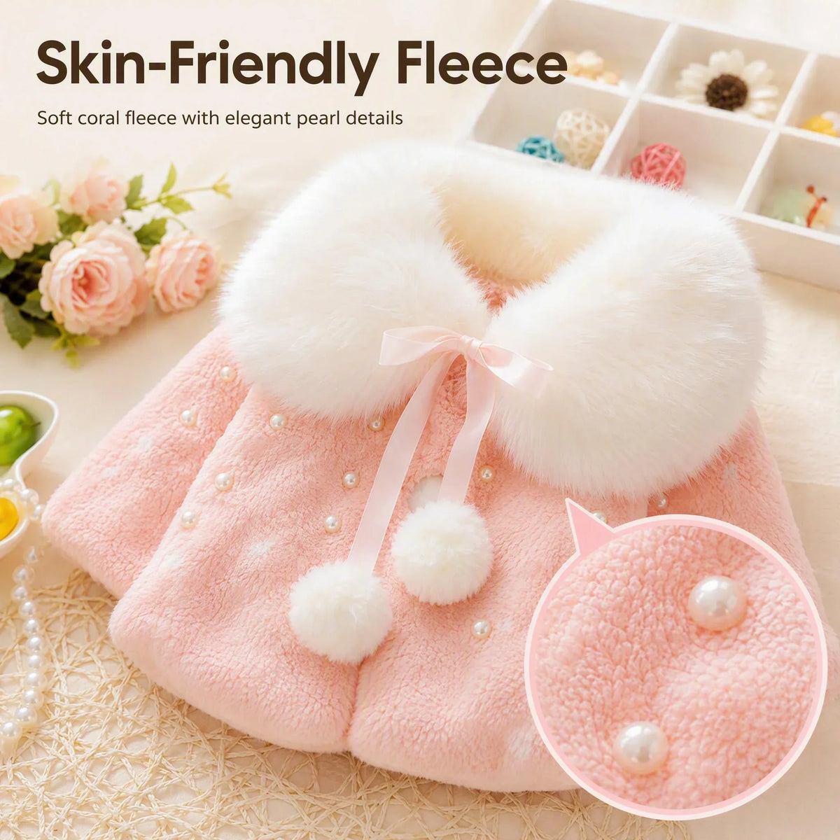Girls Winter Fleece Cape Cloak with Faux Fur Collar Polka Dot Pearl Bowknot Warm Poncho Coat for Toddler Baby Girl Autumn Outerw