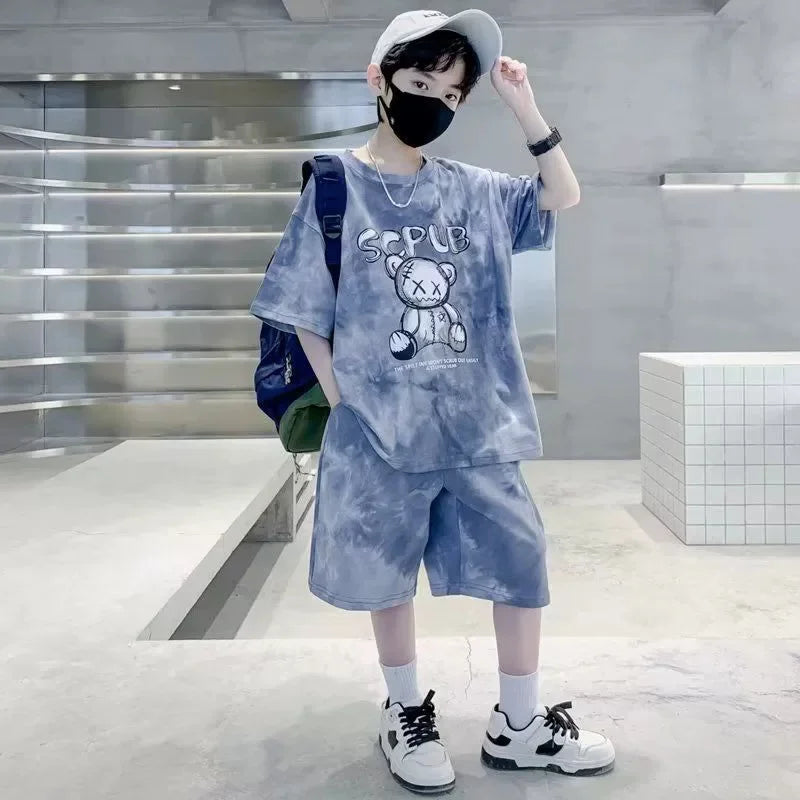 Boys Sports Suit Summer Cartoon Sets New Children's Short-Sleeved T-Shirt Shorts Kids Fashion Loose Clothes Outfit - Boys
