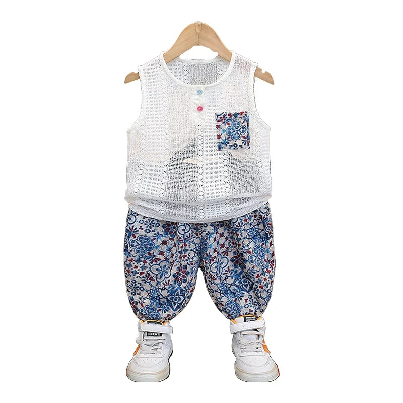 Boys Summer Hollow out Vest Set Breathable Me Svel Long Pants Two Piece Suit Teen Casual Sportswear Cotton Blend orts - Boys