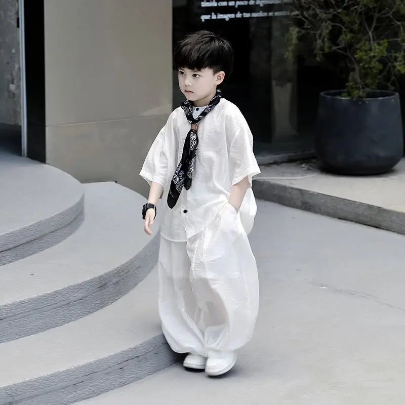 Chinese Style Teenage 2Pcs Set Ultrathin Kids Boy Spring Summer T shirt Top + Pant Casual Teen Boy Clothing Children's