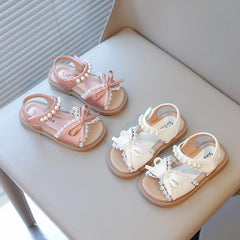 Summer Girl's Princess Shoes Lace Bowtie Open Toe Pearl Sweet Kid's Flat Shoe Solid Colors Anti-slip Chic Daily Children Shoe