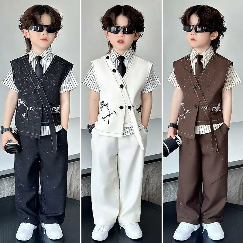 Spring Boy Retro Stripes TShirt+Pants Shorts+Vest Kid Children baby Gentleman Handsome Streetwear Party Clothes - Boys