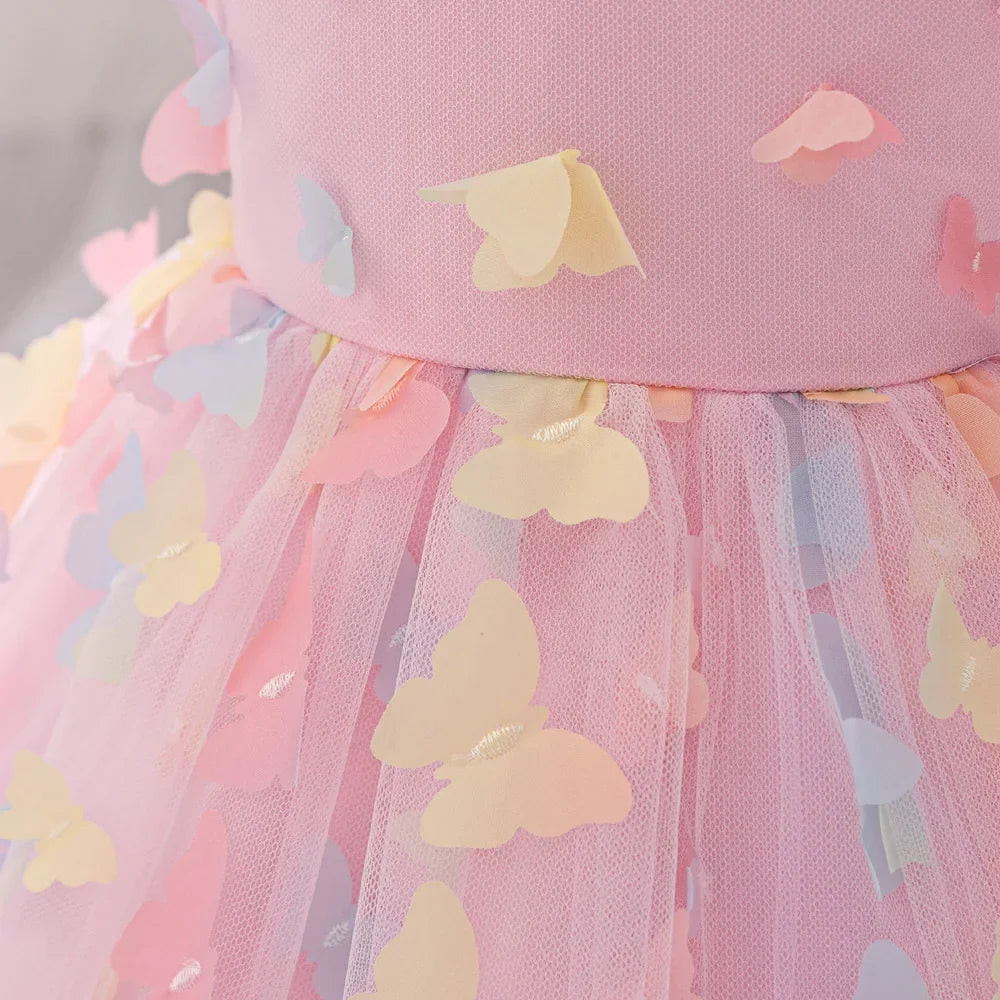 Toddler Girl Party Dress Colorful Gradient 3D Butterfly Prom Gown Girl Bow Lace Birthday Wedding Princess Summer Dresses Evening