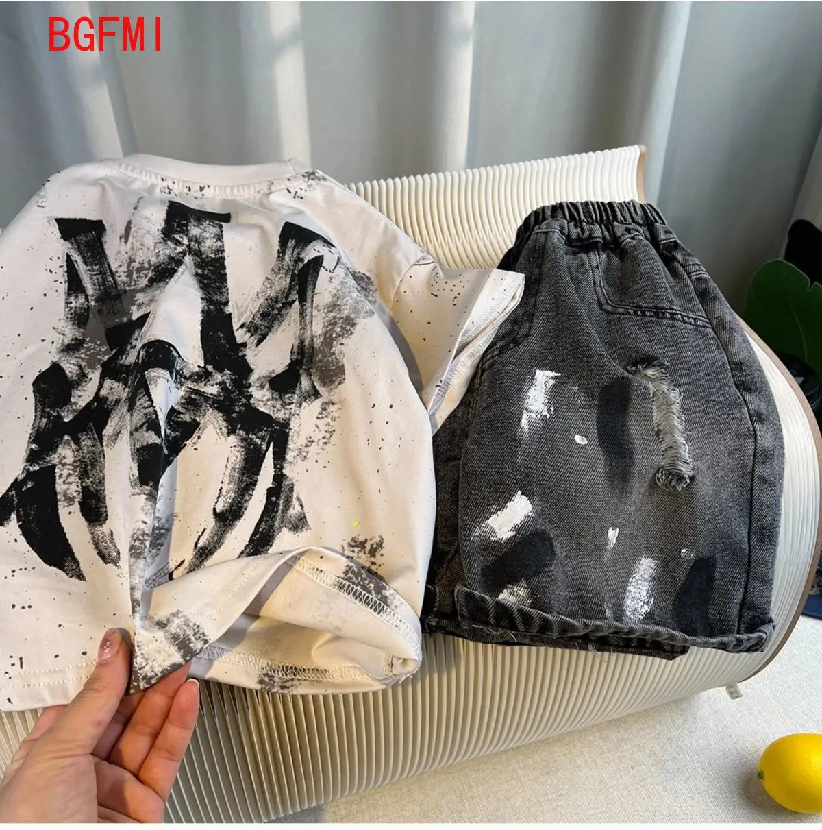 New Boys Fashion Summer Cotton Letter Printing T-shirts+Graffiti Denim Shorts 2pcs Set Kids Korean Outfits Sets Children