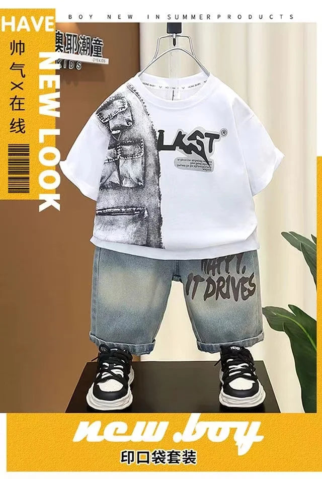Boys Summer Clothing Set New Handsome Children's Short Sleeved Clothes Trendy Baby T-shirt Jeans Thin Two-piece Set - Boys