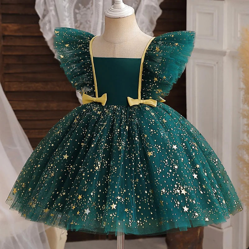 Child's Party Dress Children's Summer Princess Bow Star Sequin Gauze Skirt Girls Skirt Sweet Dress Fashion Kid's Dress Puffy