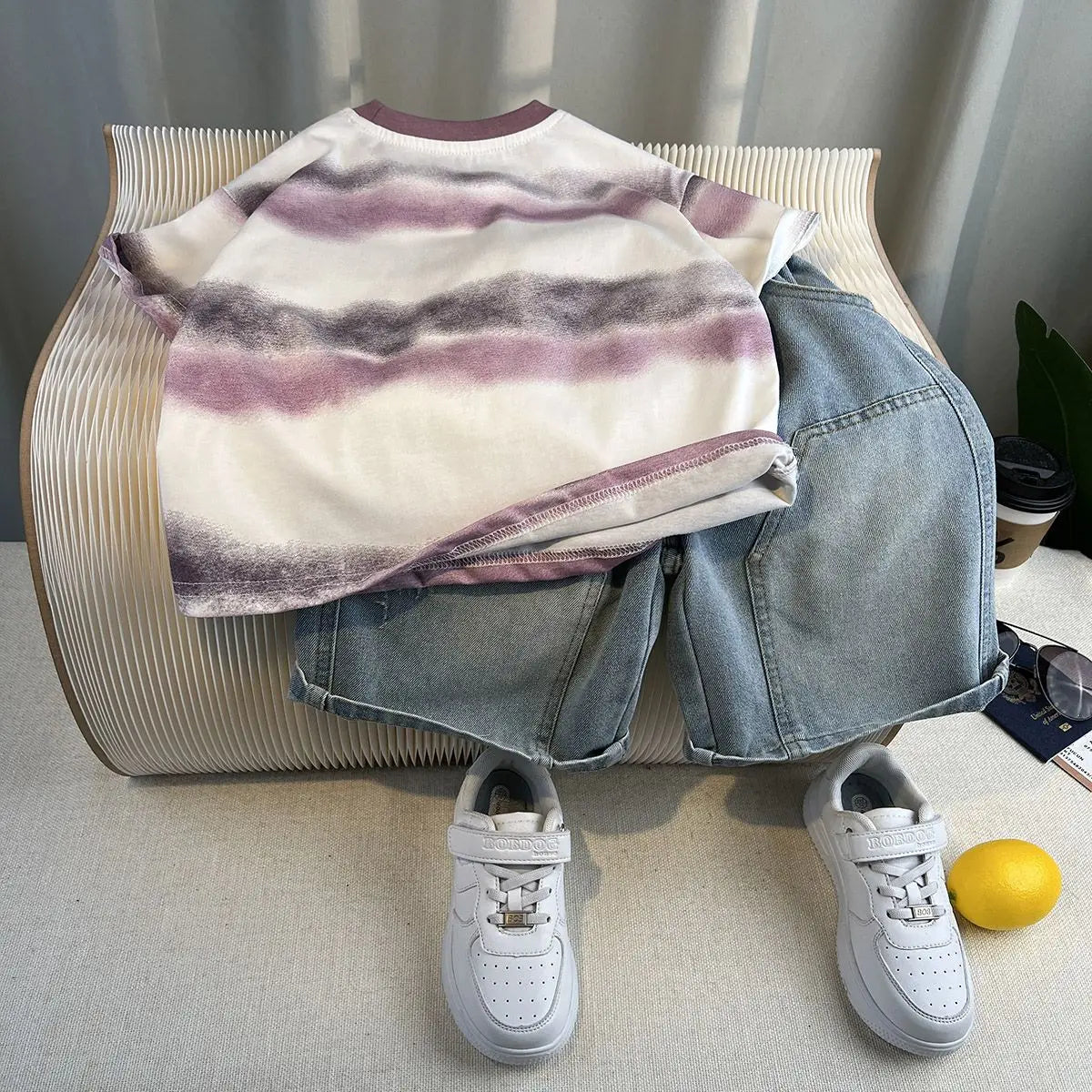 New Boys Fashion Summer Cotton Letter Printing T-shirts+Graffiti Denim Shorts 2pcs Set Kids Korean Outfits Sets Children