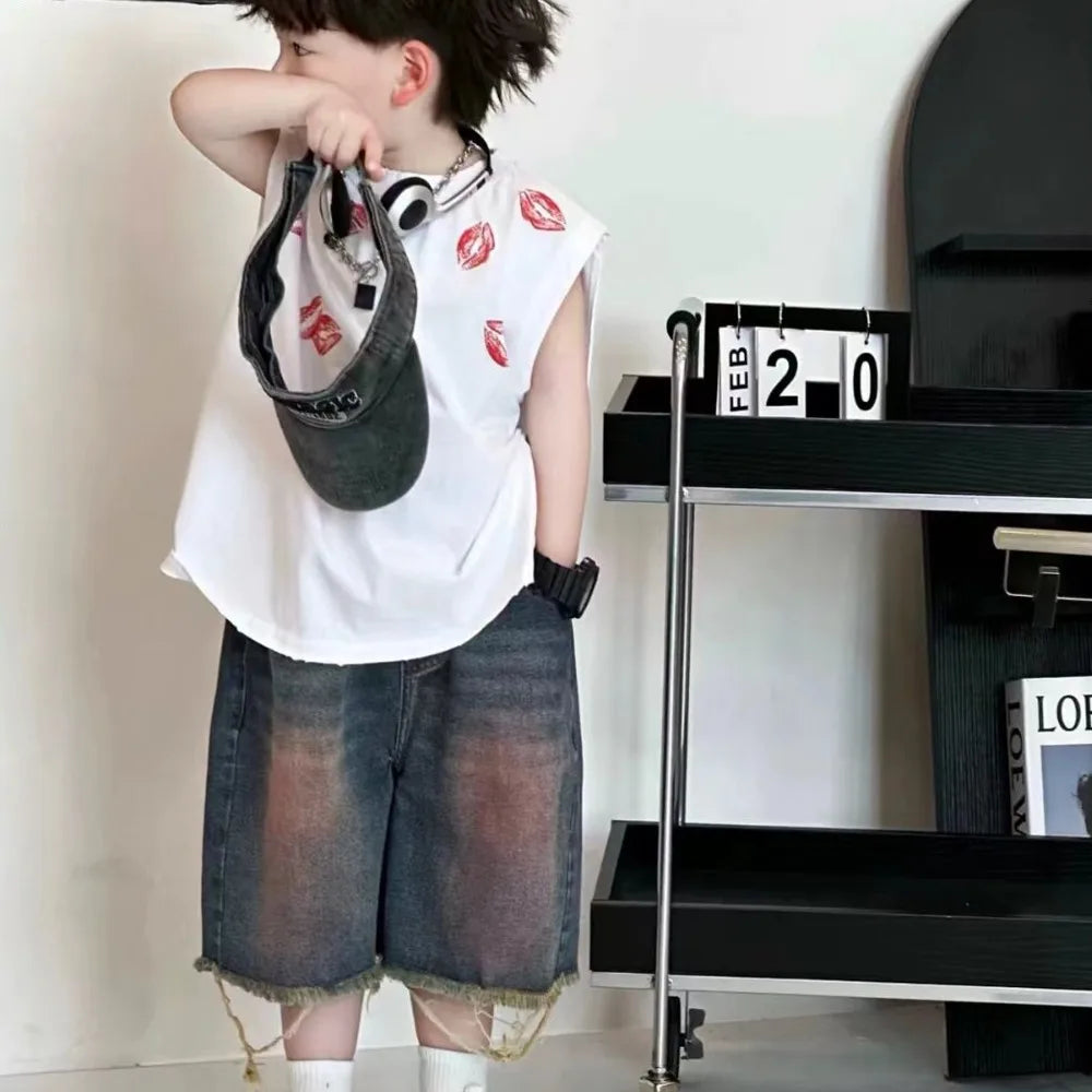 New Korean Fashion Set Design Sense Street Printed Vest Shirt Broken Edge Short Jeans Two-piece Suits - Boys Summer & Party