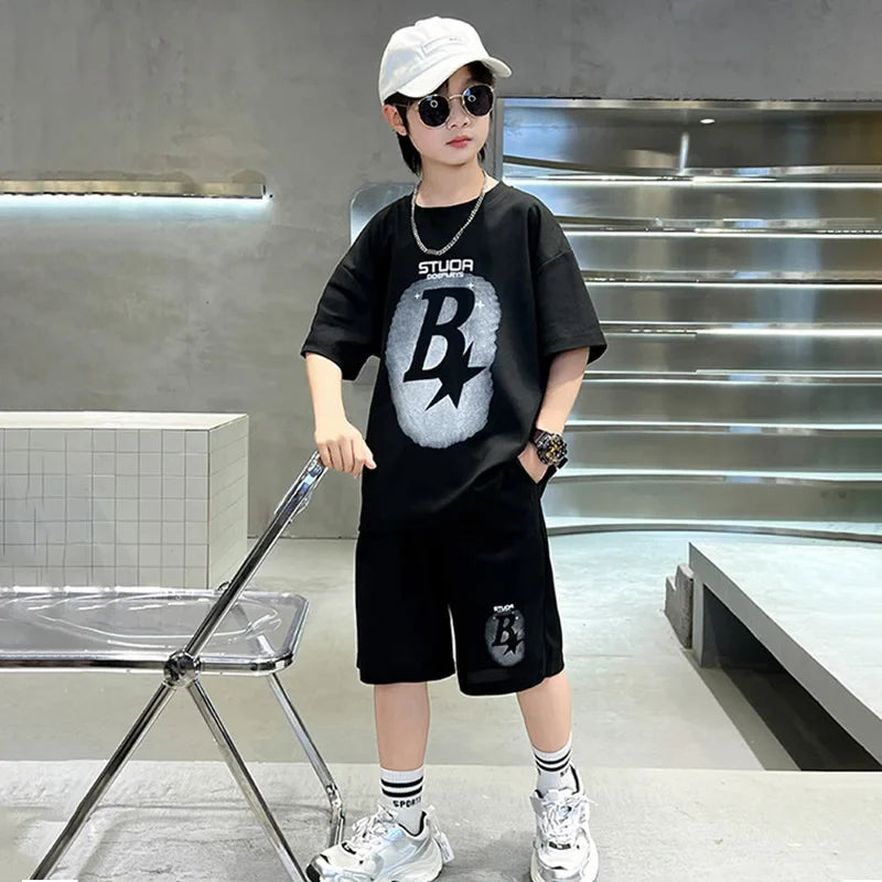 New Summer Teenager Boys Clothing Set Cotton Letter Short Sleeve T-shirt Shorts Years Kids Tracksuits Child Cloth - Boys