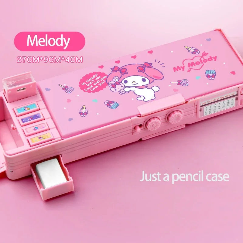 Sanrio Multifunction Stationery Box Kuromi Melody Cinnamoroll Bilayer Coded Lock Pencil Box Large Capacity Students Supply Gift