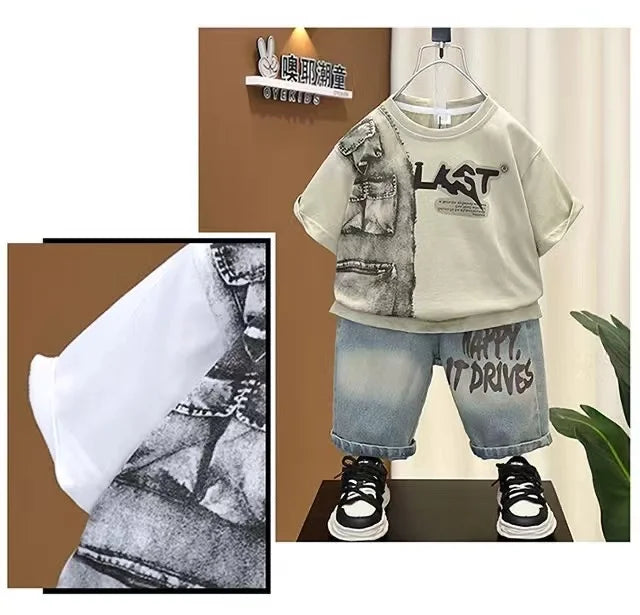 Boys Summer Clothing Set New Handsome Children's Short Sleeved Clothes Trendy Baby T-shirt Jeans Thin Two-piece Set - Boys