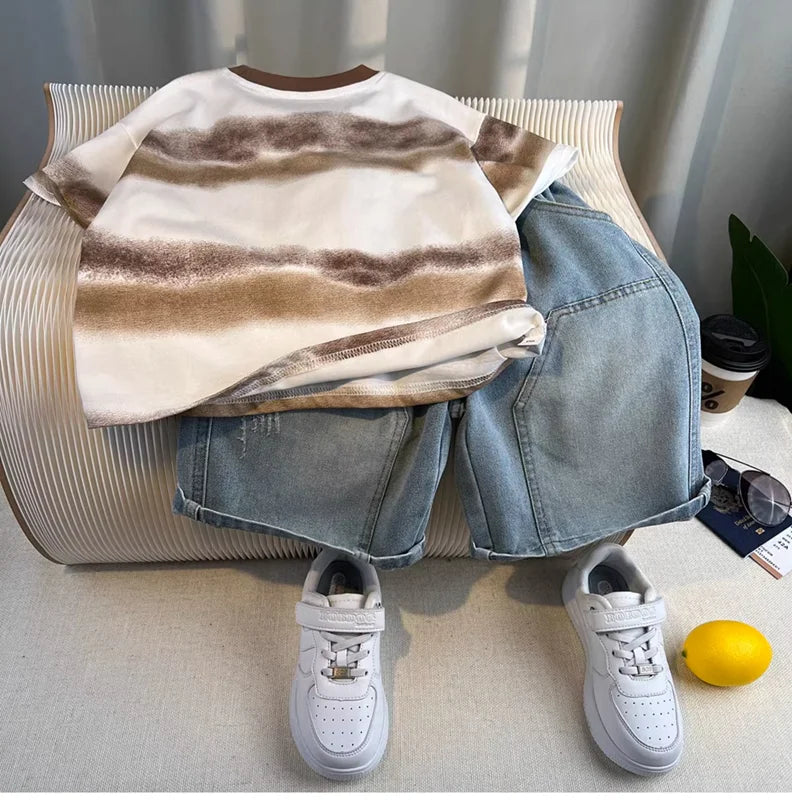 New Boys Fashion Summer Cotton Letter Printing T-shirts+Graffiti Denim Shorts 2pcs Set Kids Korean Outfits Sets Children