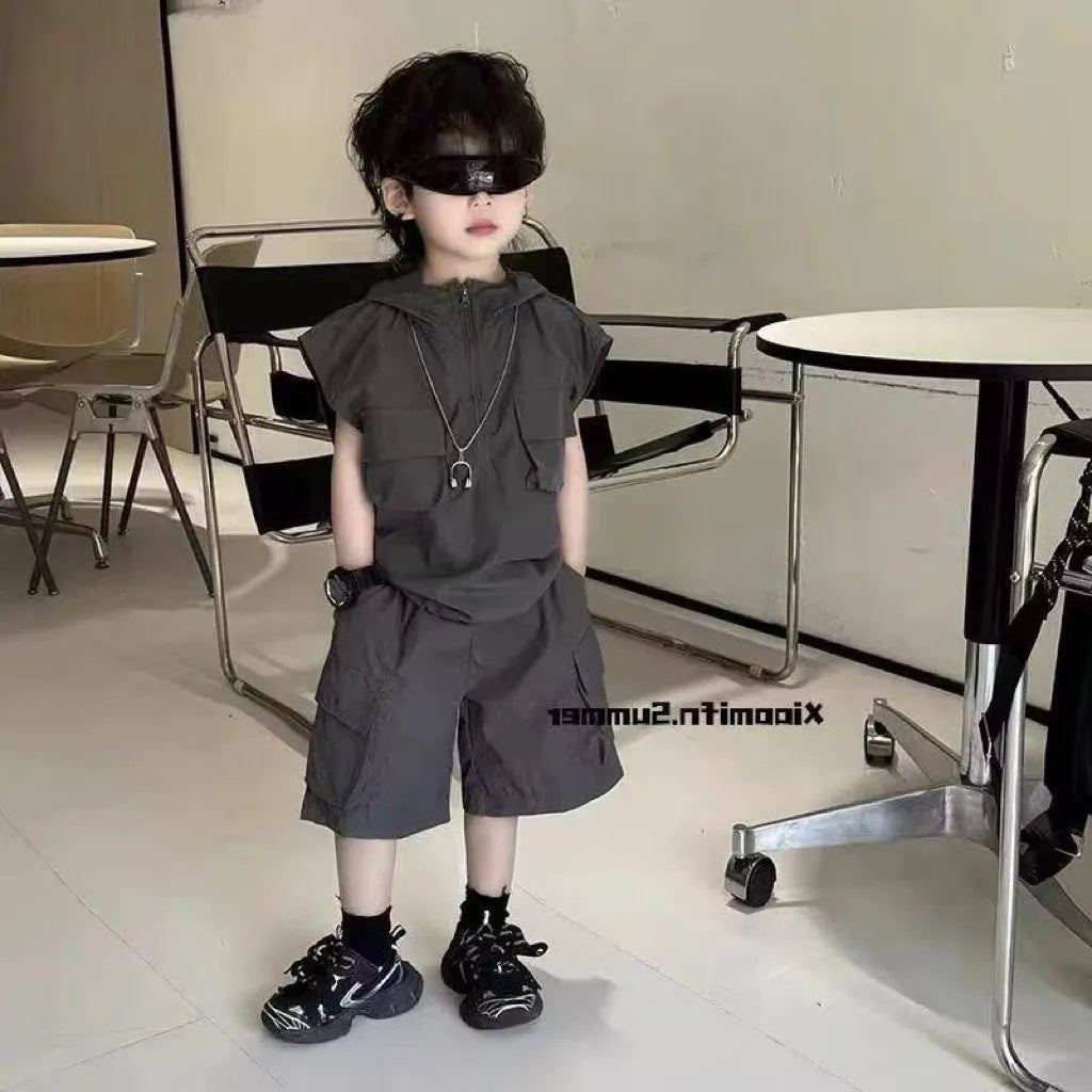 Boys Summer Two-Piece Set Cool Handsome Short-Sleeved Top And Shorts Children's Outfit - Boys Summer & Party Dresses