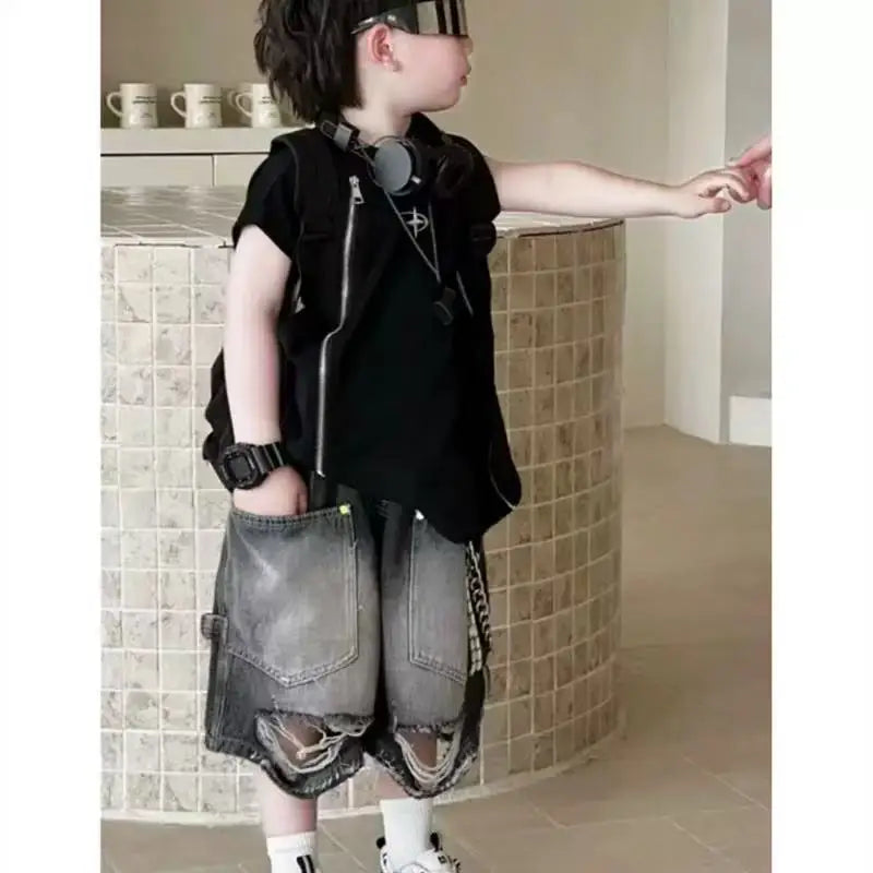 Boy Handsome Korean Version Sleeveless Vest + Retro Ripped Denim Shorts Two-piece Set Children's Casual Loose Set - Boys
