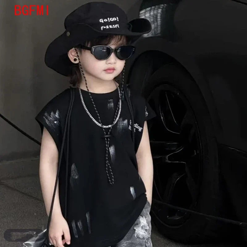 Summer Boys Loose Sleeveless Printed T-Shirt Tops + Hole Shorts Set Child Outfit Handsome Kids Clothes Boys 2-10Y Vest Suit