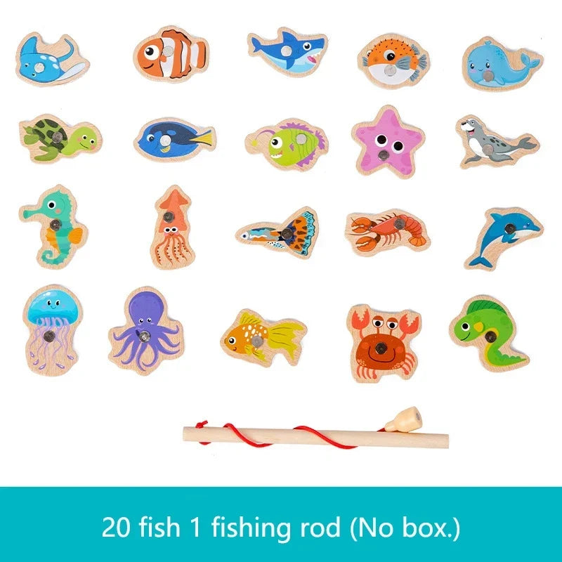 Montessori Wooden Magnetic Fishing Toys Marine Life Cognition Fish Games Early Educational Toy for Kids Parent-child Interactive