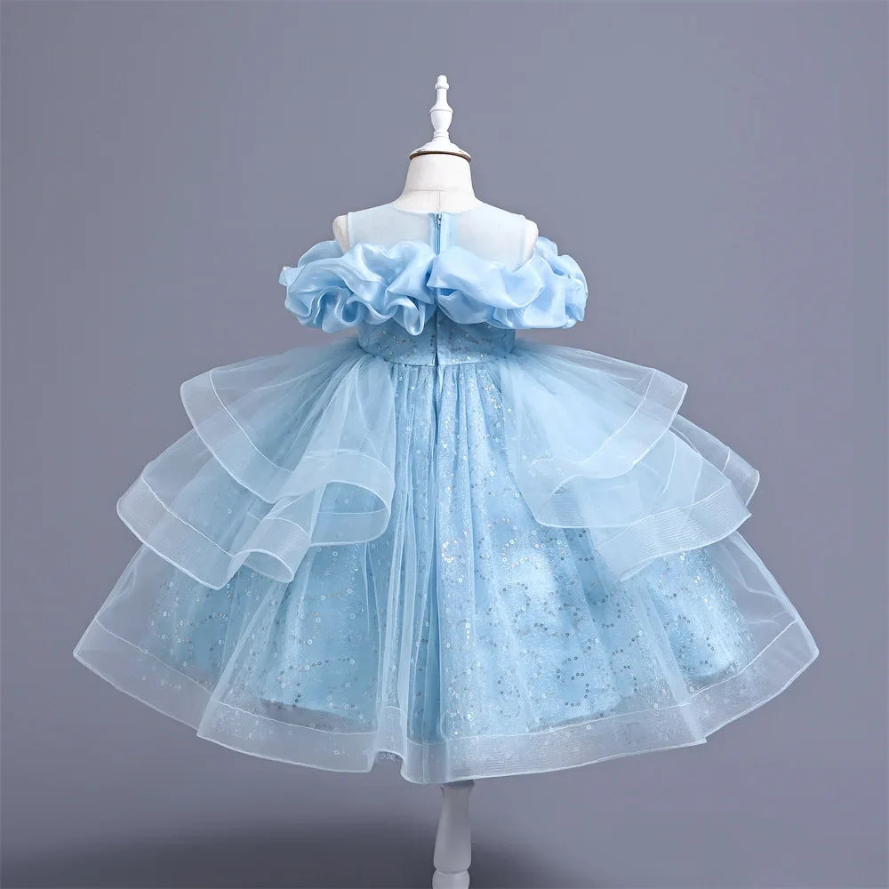 New Girl's Wedding Evening Dress Petal Sequin Mesh Sleeveless Dress Birthday Party School Graduation Party Dress