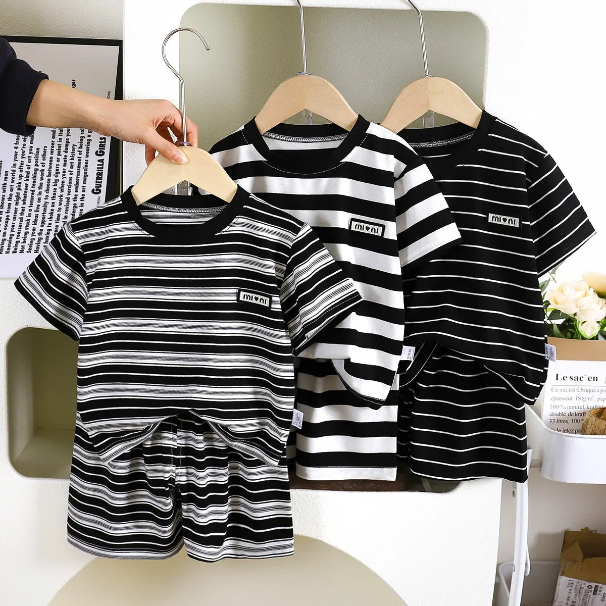 Children Short Sleeve - Children's short-sleeve stripe set, boys' black and white striped summer clothes, boy baby outwear