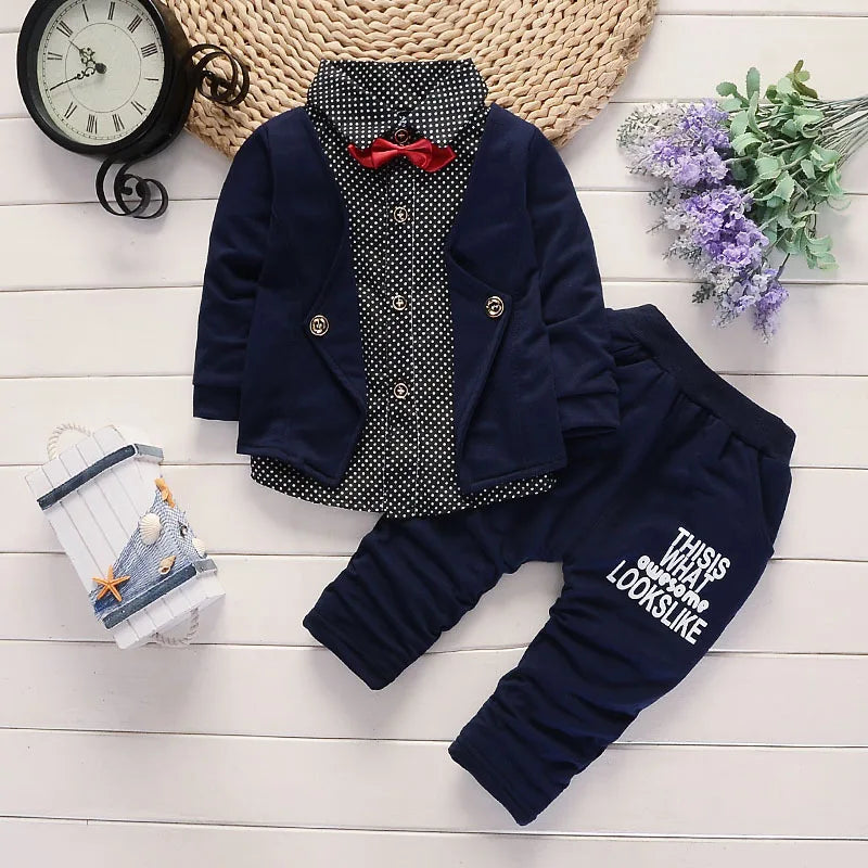 Spring and Autumn New Boys' Dot Colored Bow Knot Long Sleeve Pants Gentleman Two Piece Wedding Flower Children Polo Set for 1-5Y