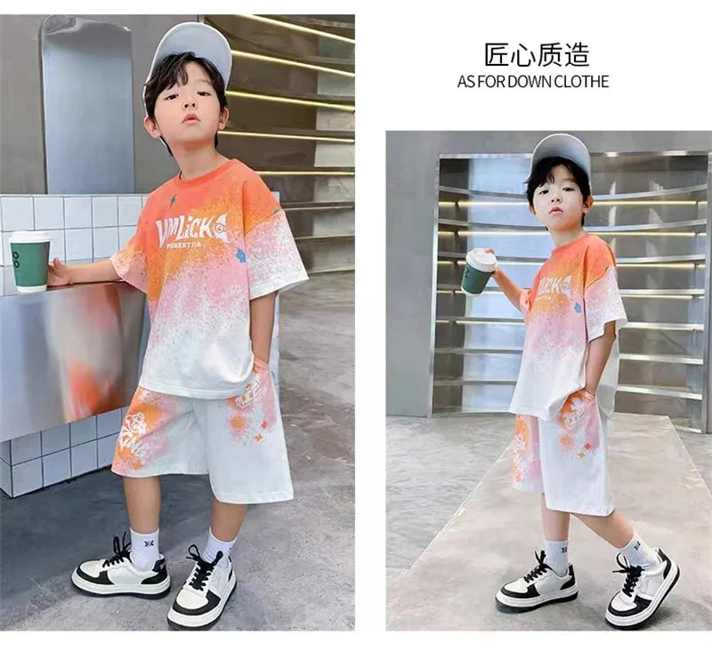 Boys Loose Casual Sets Summer Teen Gradient T-shirts+Shorts 2Pcs Big Kids Sport Short Sleeve Clothes Suits Children Print