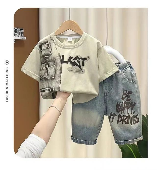 Boys Summer Clothing Set New Handsome Children's Short Sleeved Clothes Trendy Baby T-shirt Jeans Thin Two-piece Set - Boys