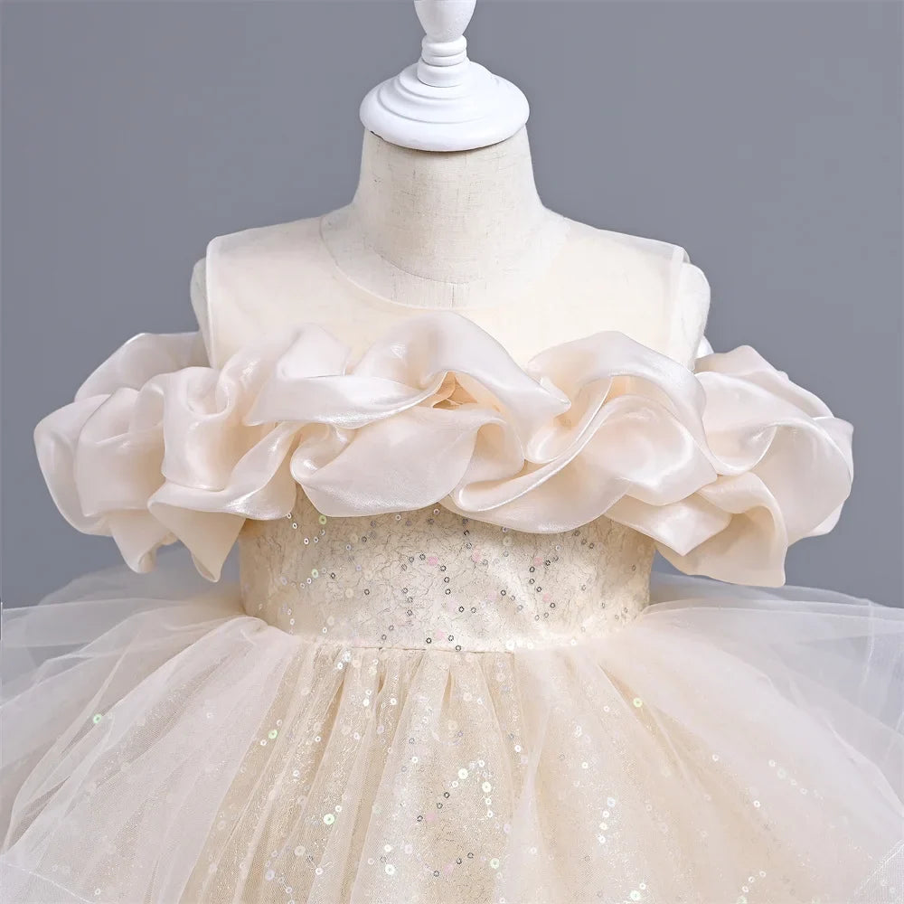 New Girl's Wedding Evening Dress Petal Sequin Mesh Sleeveless Dress Birthday Party School Graduation Party Dress