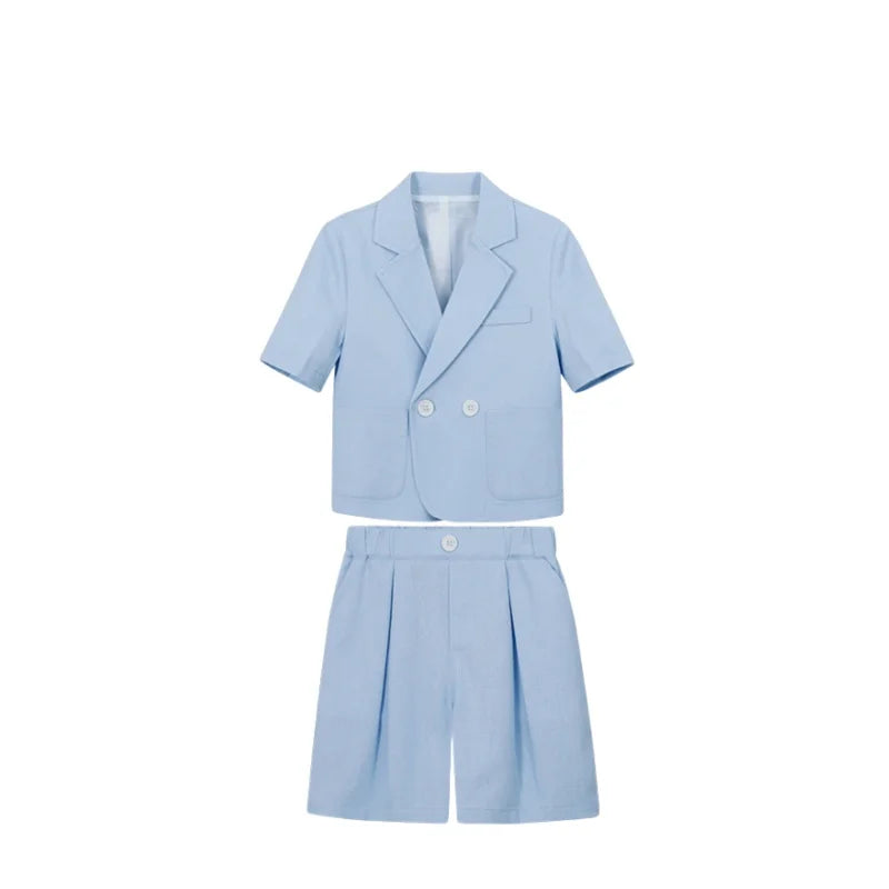 Kids Summer Short-Sleeved Wedding Suit Set Boys Blazer Pants Outfit Children's Piano Host Speech Performance Costume - Boys