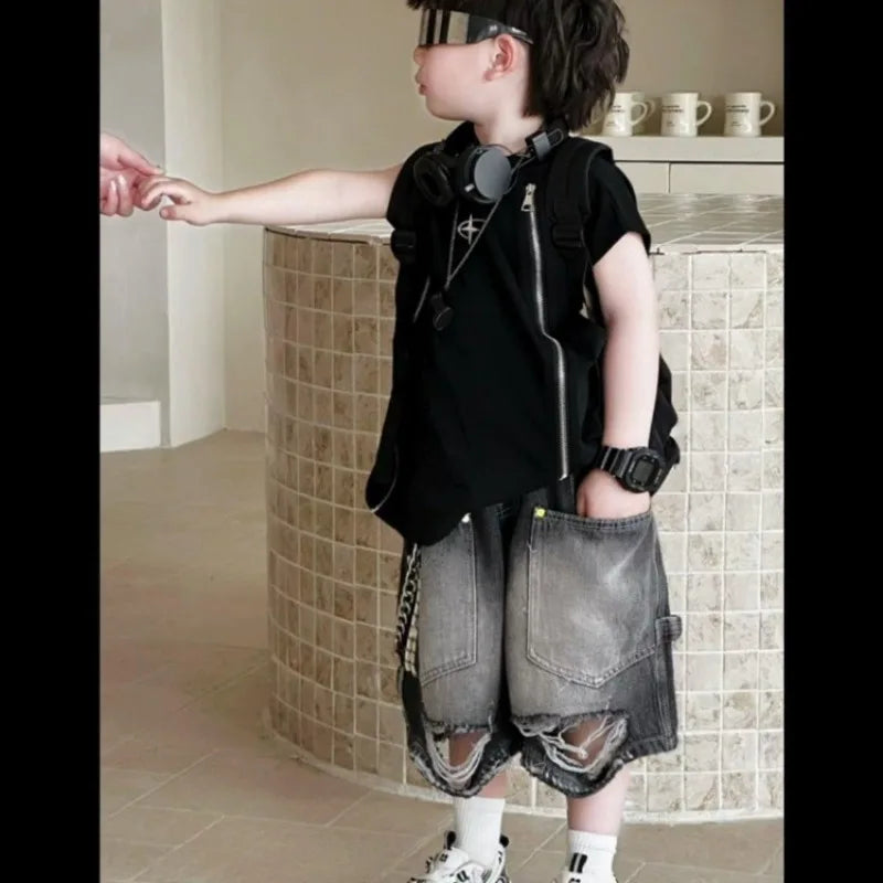 Boys Korean Vintage - Boys' Korean Vintage Distressed Jeans 100% Cotton Streetwear Kids' Trendy Outfit - Boys Summer & Party