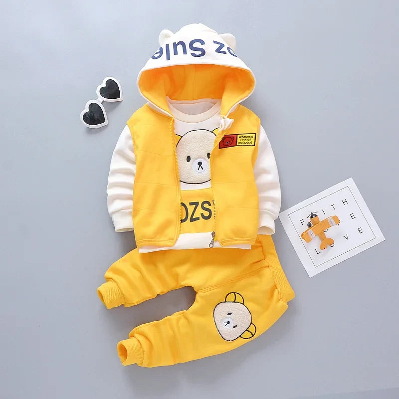 Baby Hooded Tracksuit Set with hooded vest, long sleeve T-shirt, and pants for baby boys and girls