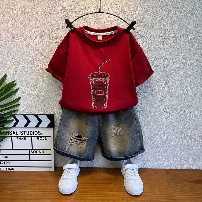 Korean Boys Summer Children's Top and Bottom 2PC Sets Short Sleeve T-Shirt & Denim Shorts Kids Clothes 1-7 Years Black
