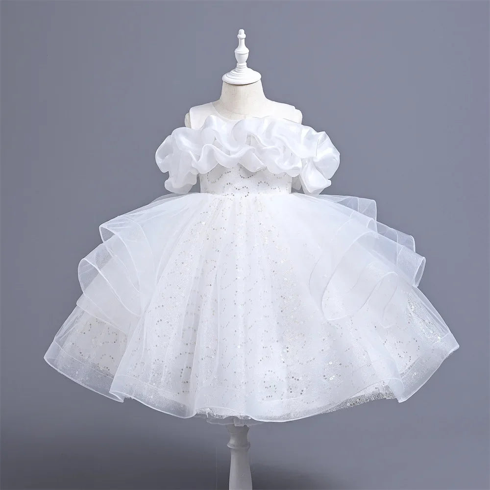 New Girl's Wedding Evening Dress Petal Sequin Mesh Sleeveless Dress Birthday Party School Graduation Party Dress