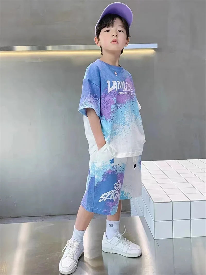 Boys Loose Casual Sets Summer Teen Gradient T-shirts+Shorts 2Pcs Big Kids Sport Short Sleeve Clothes Suits Children Print