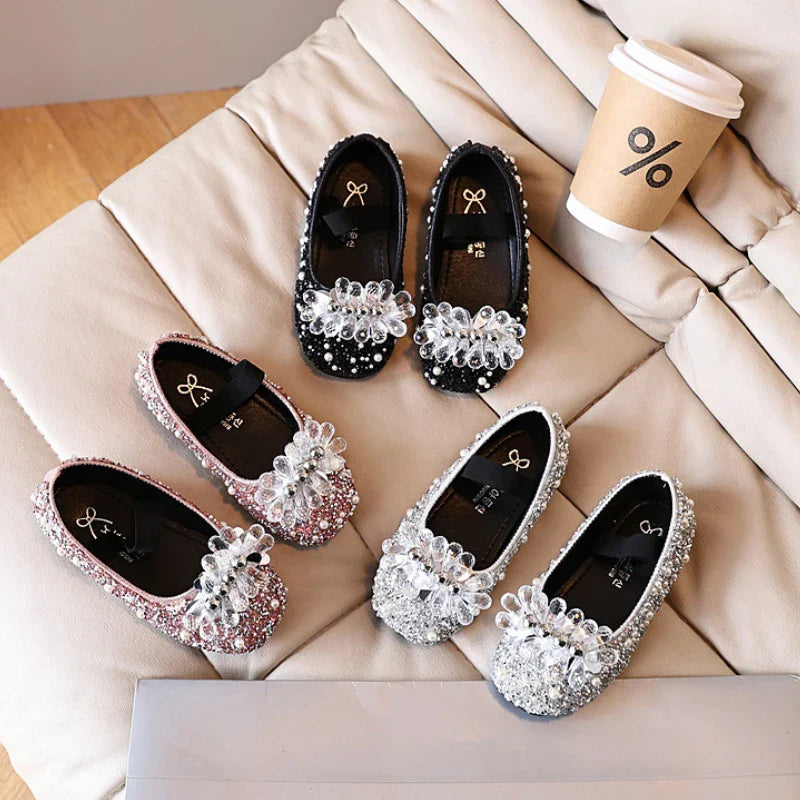 Luxury Girl Shoes Rhinestone Sweet Children Princess Leather Shoes 2025 New Performance Versatile Kids Causal Flat Ballet Shoes
