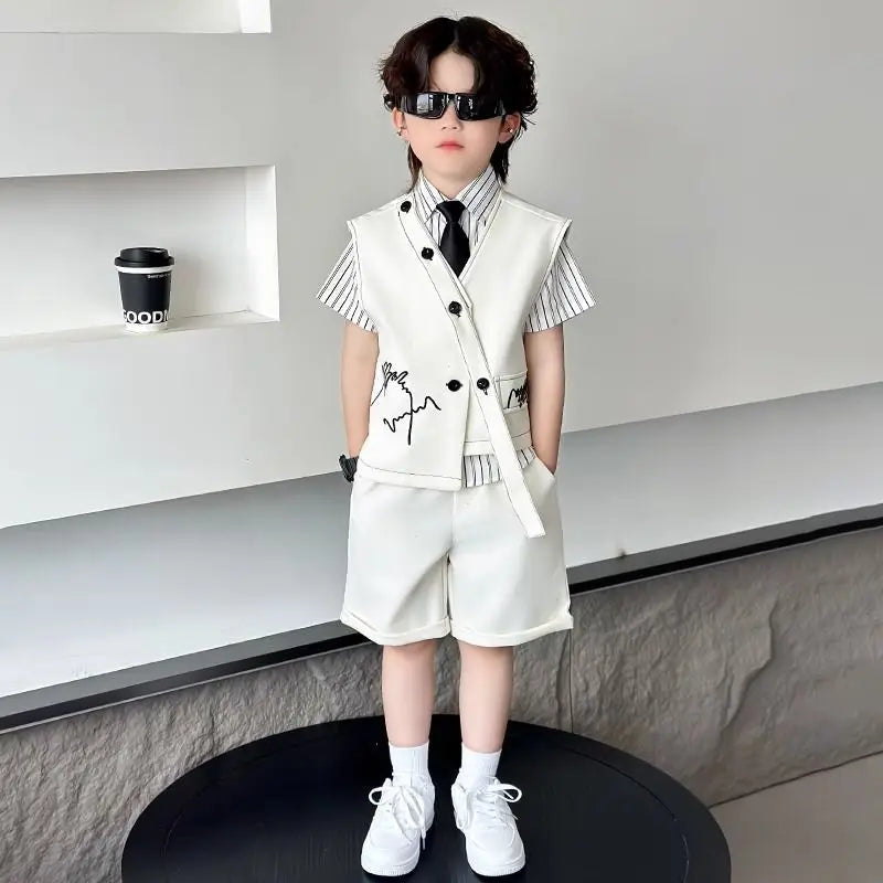 Spring Boy Retro Stripes TShirt+Pants Shorts+Vest Kid Children baby Gentleman Handsome Streetwear Party Clothes - Boys