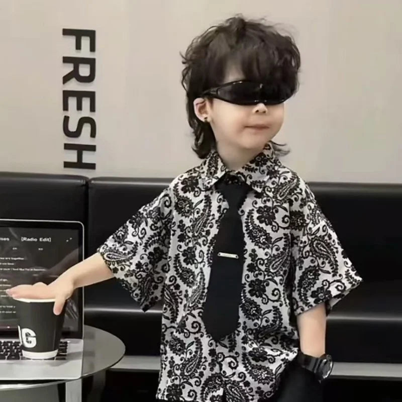 Summer Dress New Handsome Children's Flower Shirt Tie Shorts 3-Piece Set - Boys Summer & Party Dresses - Baby's World (view