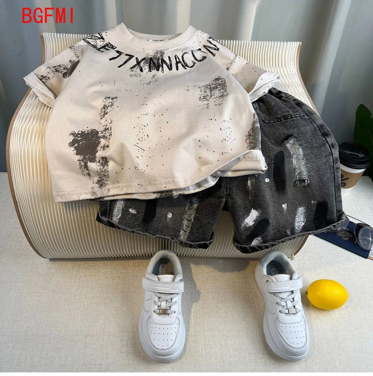 New Boys Fashion Summer Cotton Letter Printing T-shirts+Graffiti Denim Shorts 2pcs Set Kids Korean Outfits Sets Children