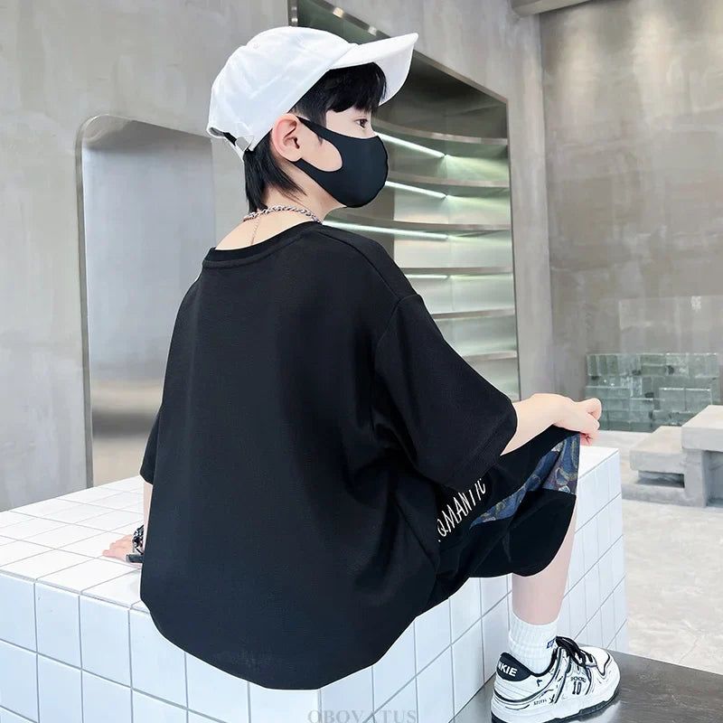 Boys Summer Suit Kids Short Sleeve T-Shirt Sports Casual Outfits for Teenage Boy Clothing Sets With Cartoon Bear - Boys