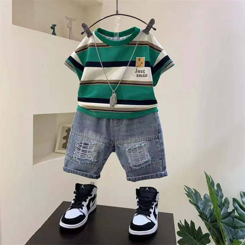Boys Summer New - Boys Summer New Boutique Design Outfits Cotton Set Baby Boys Short Sleeve Shirt Jeans Shorts 2pcs Clothing