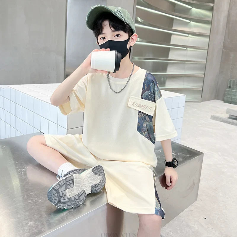 Boys Summer Suit Kids Short Sleeve T-Shirt Sports Casual Outfits for Teenage Boy Clothing Sets With Cartoon Bear - Boys