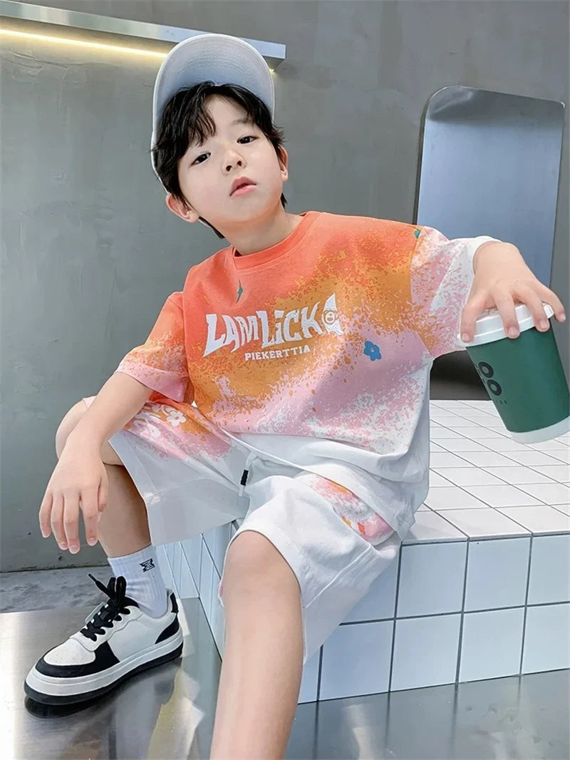 Boys Loose Casual Sets Summer Teen Gradient T-shirts+Shorts 2Pcs Big Kids Sport Short Sleeve Clothes Suits Children Print