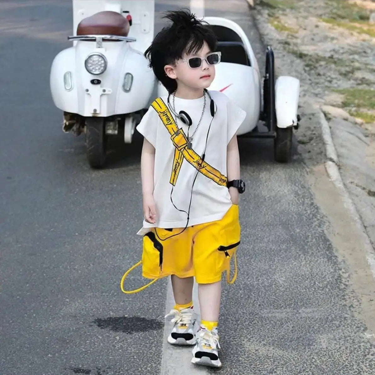Korean Kids Outfit Boys Summer Sports Set Outdoor Clothes for Children Pure Cotton Sleeveless T-shirt Shorts Two-piece Set