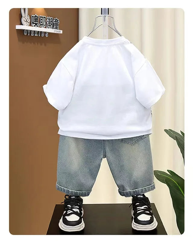 Boys Summer Clothing Set New Handsome Children's Short Sleeved Clothes Trendy Baby T-shirt Jeans Thin Two-piece Set - Boys