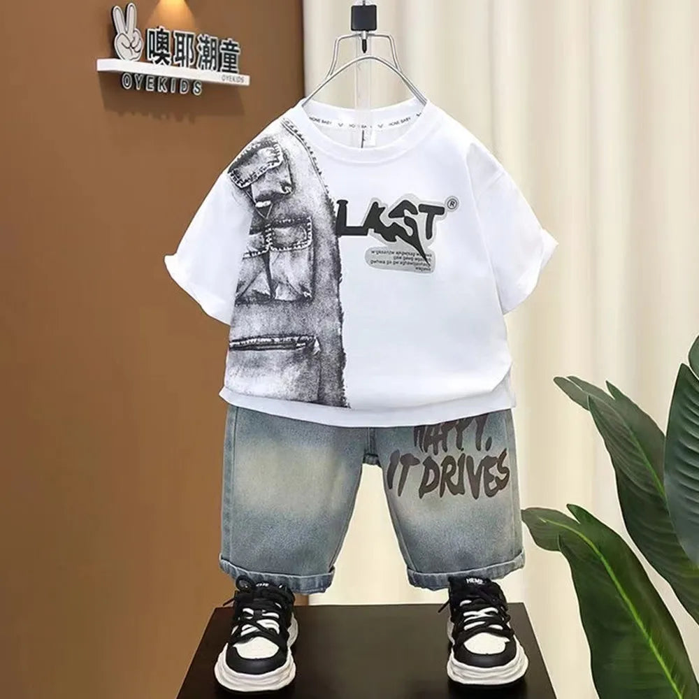 Boys Summer Clothing Set New Handsome Children's Short Sleeved Clothes Trendy Baby T-shirt Jeans Thin Two-piece Set - Boys