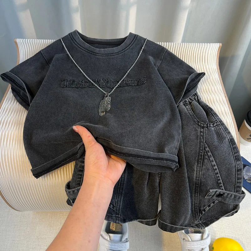 Korean Boys Summer Children's Top and Bottom 2PC Sets Short Sleeve T-Shirt & Denim Shorts Kids Clothes 1-7 Years Black